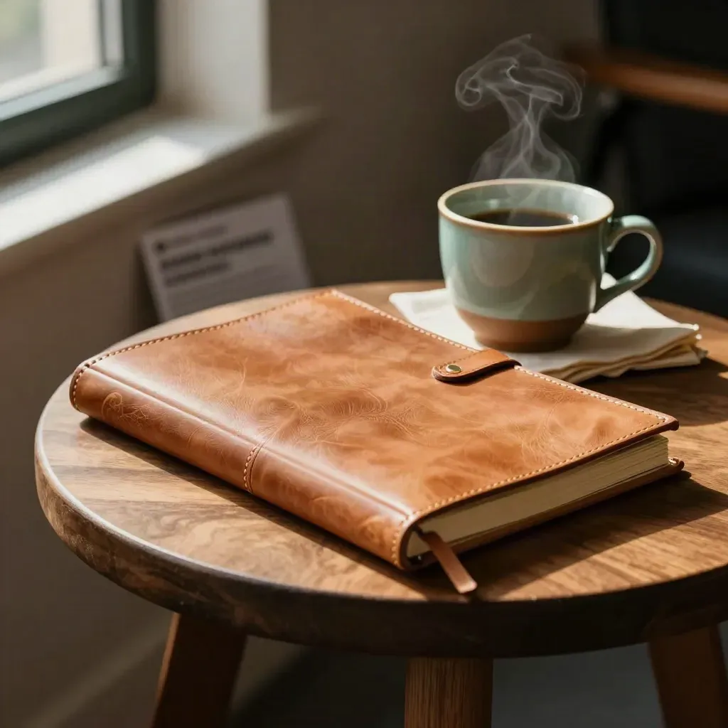 Jurnal coaching kulit, cawan seramik dan napkin di atas bangku kayu dengan wap halus