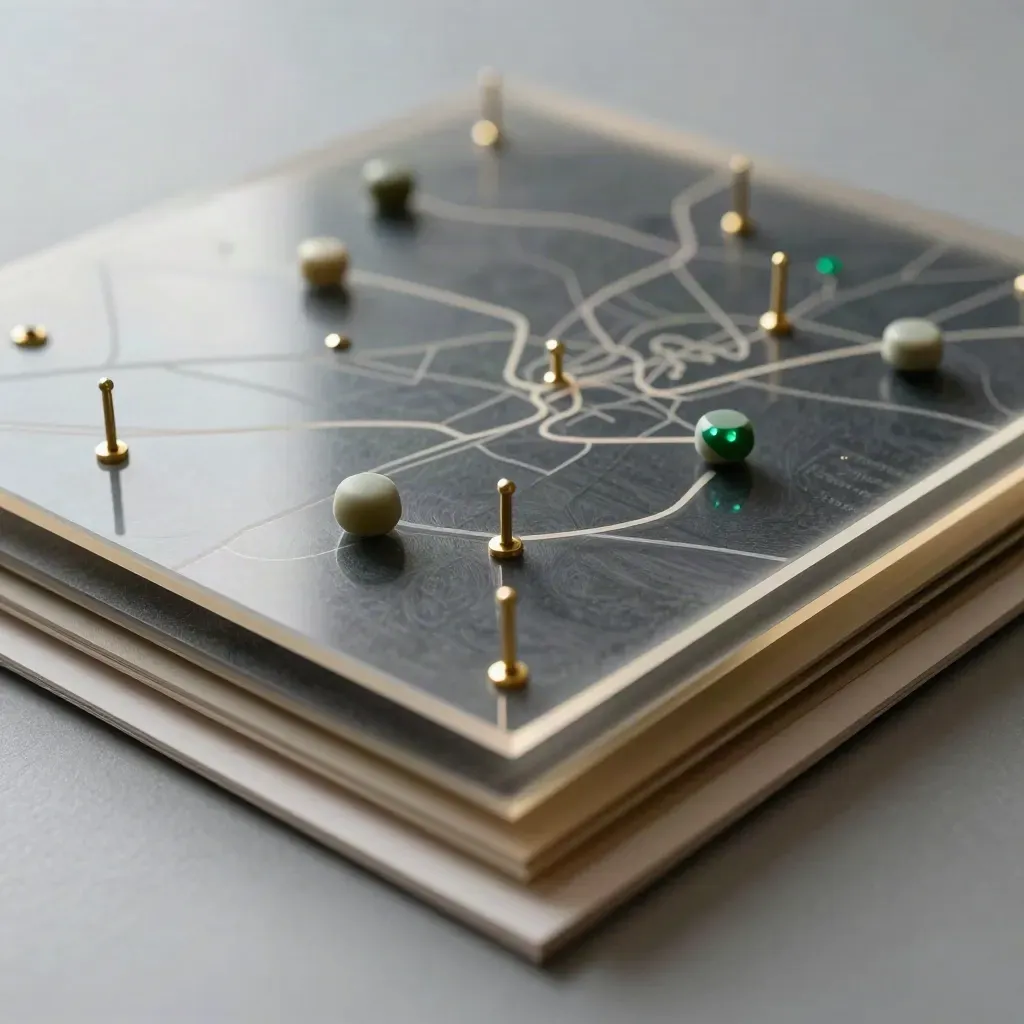 Papan peta pelanggan berlapis dengan akrilik lutsinar, pin loyang dan penutup marker hijau.