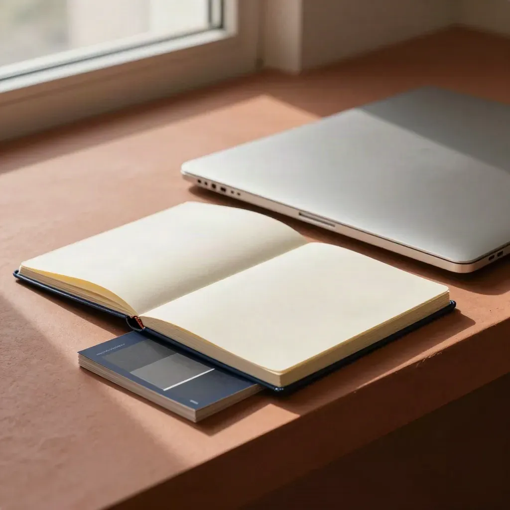 Laptop tertutup, buku semakan, dan kad ujian iklan di atas permukaan terrakota.