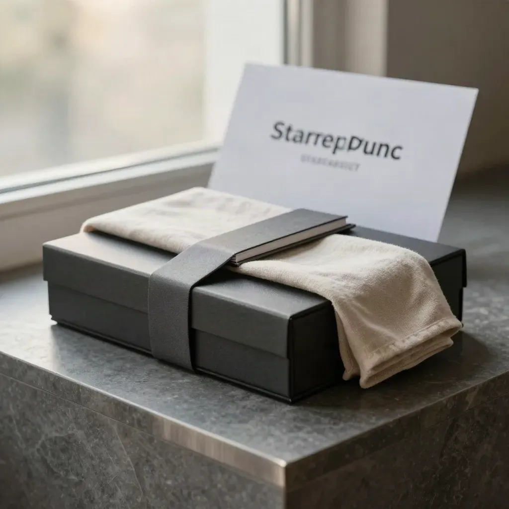 Kit mula startup dengan kotak kompak, buku kecil dan kain lembut di atas batu kelabu.