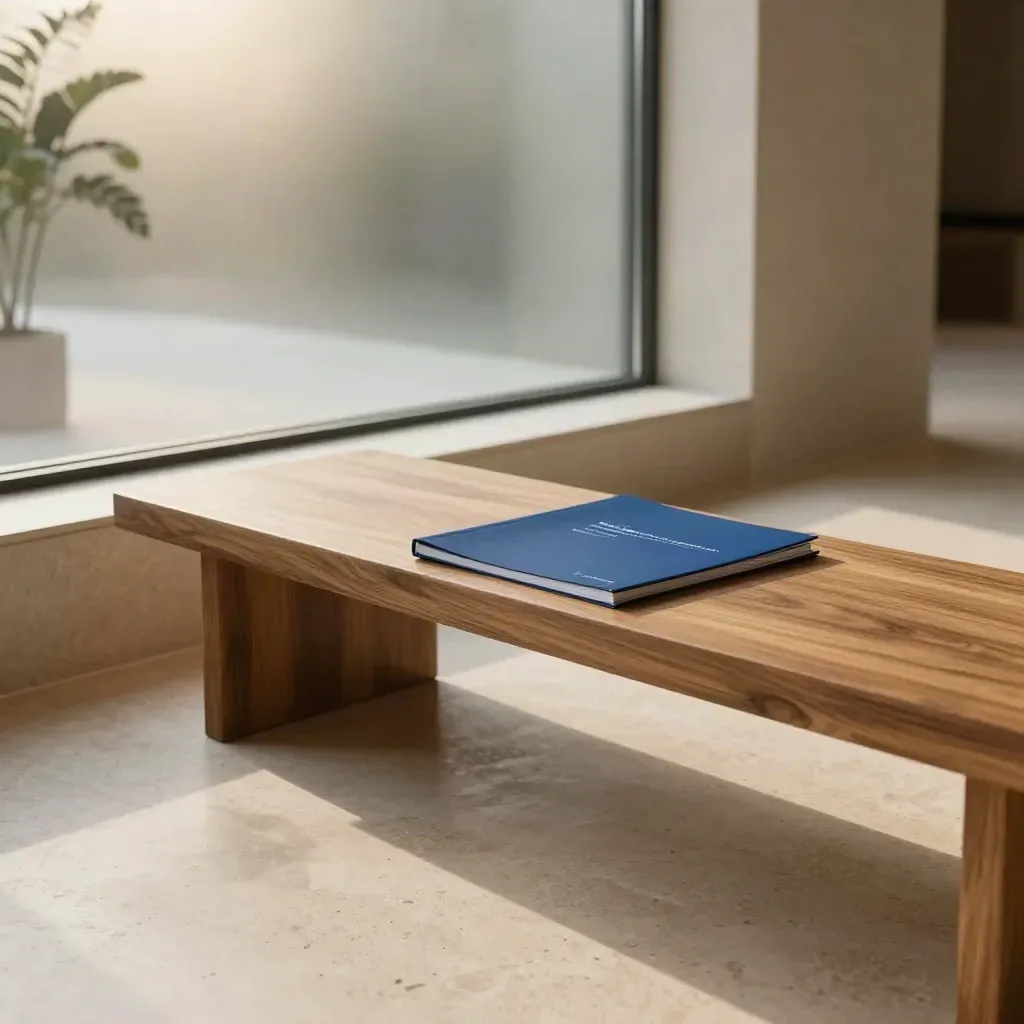 Teres lobi travertine dengan panel strategi kaca, bangku oak dan bayang pokok.